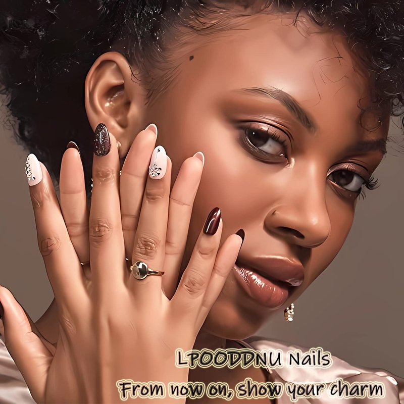 LPOODDNU 3D Pink Press on Nails Almond - Medium French Tip Fake Nails with Embossed Flower&Gold Bead Designs, Glossy Finish Reusable False Nails with Glue Tabs - 24Pcs Nail Kit for Women Manicure