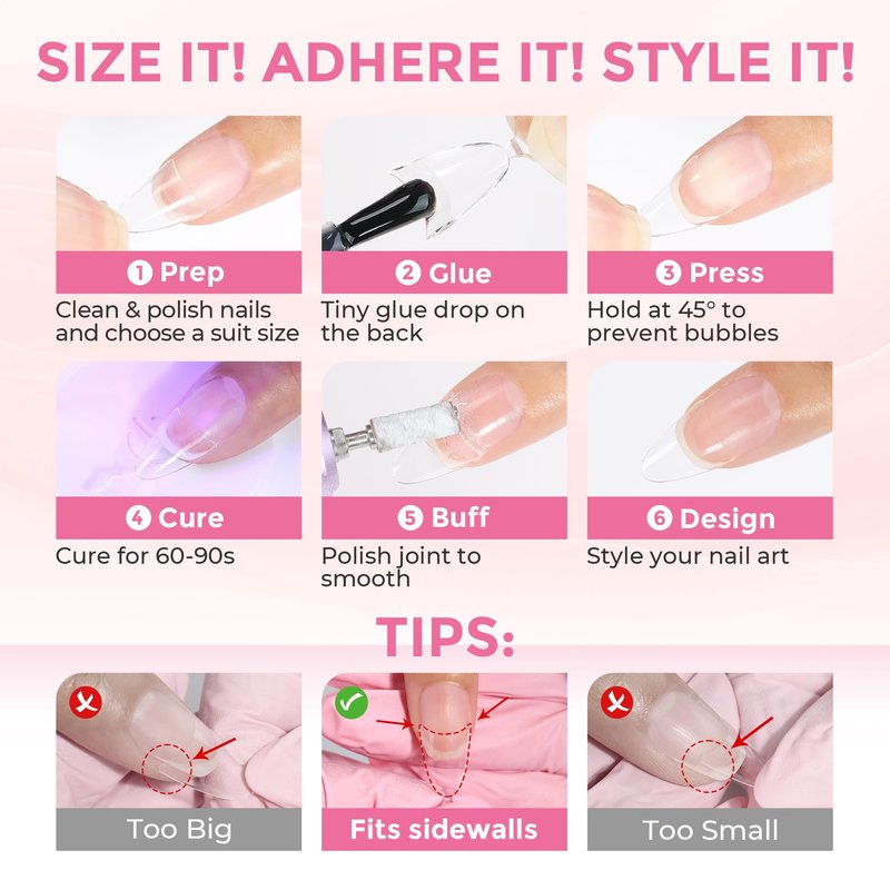 Luckyfairy Almond Nail Tips, 504PCS Pre Etched Half Cover Fake Nails Tips, 12 Sizes Medium Almond Shape Clear Soft Natural Acrylic Press On Gel Nail Extensions DIY Salon