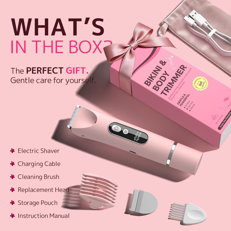 CoolHair Bikini Trimmer for Women, Hair Removal Epilators, Smooth Electric Razor for Sensitive Skin, IPX7 Waterproof Wet & Dry Cordless Body Shaver for Bikini Area, Pubic Hair, Underarms & Legs (Pink)