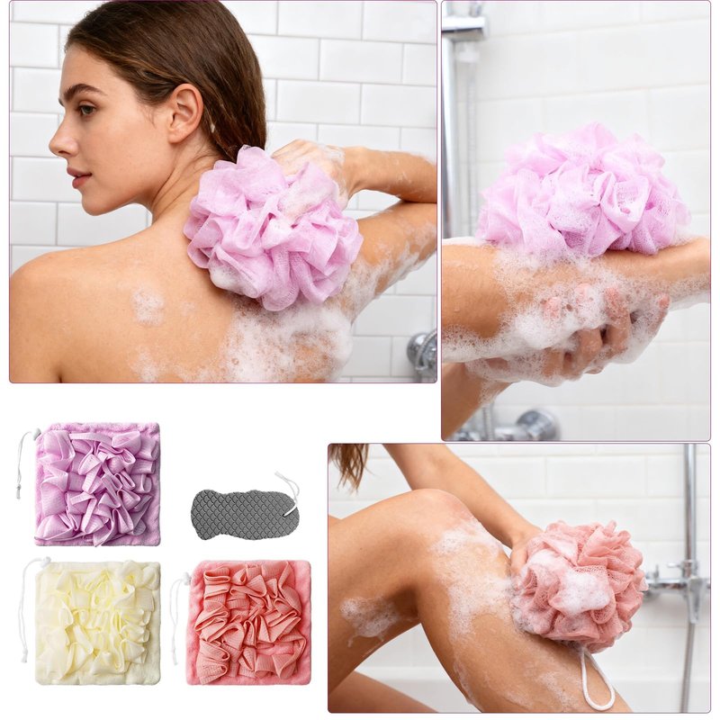 4 Pcs Shower Loofah Set & Exfoliating Mesh Loofahs, Body Scrubber Ball, and Bath Loofah for Men & WomenLarge Bath Sponge Pouf, Large Shower Loofah Set