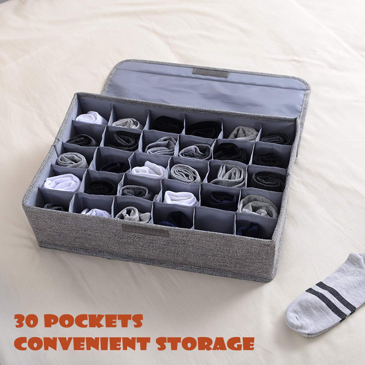 AARAINBOW 2 Packs Underwear Socks Ties Storage Organizer with Lids Foldable Closet Drawer Organizer 60 Cells, Fabric Wardrobe Divider Storage Boxes for Scarves and Lingerie (30 Cell, 2 Gray)