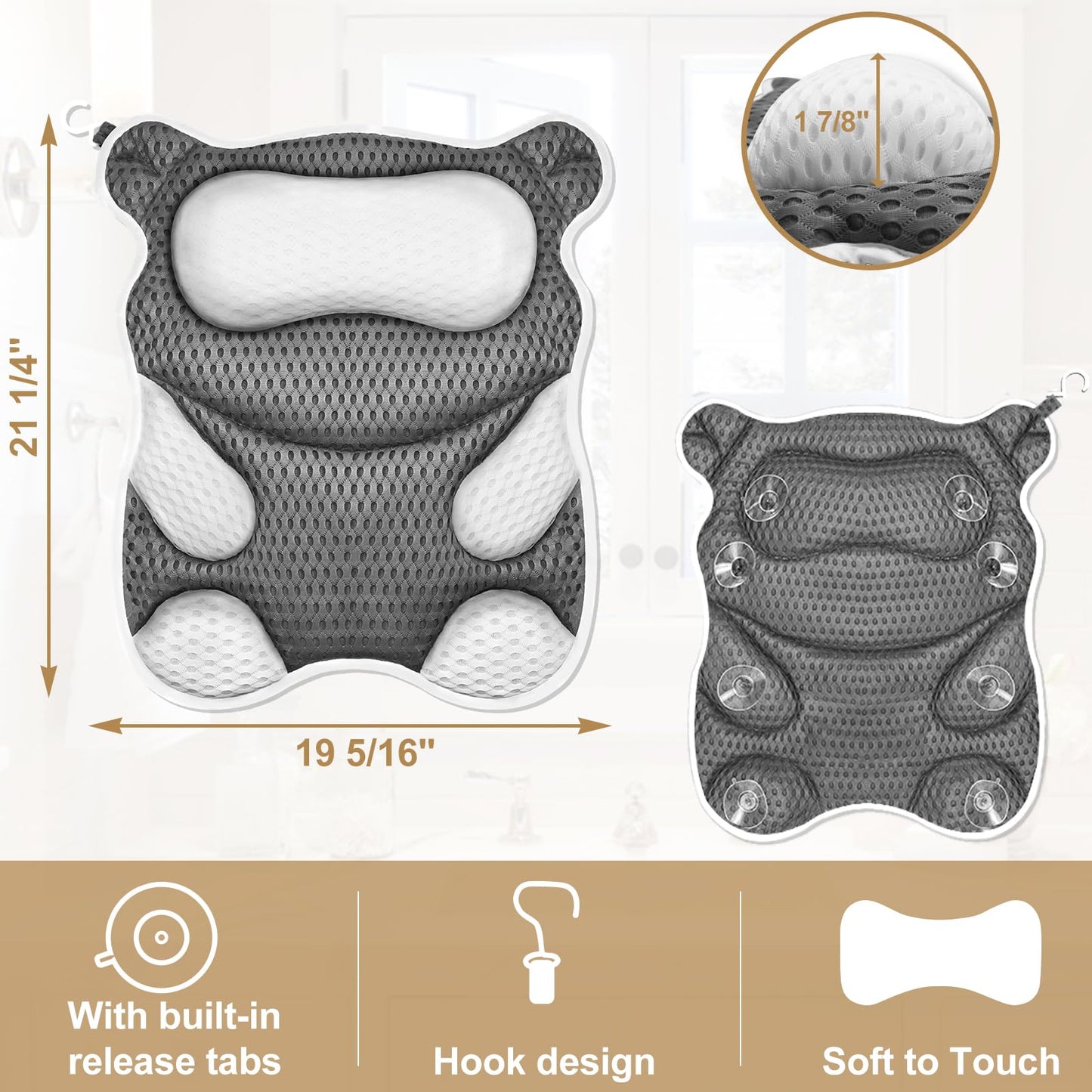 ZYIDBNG Bath Pillow for Tub Ergonomic Bear Shape Design Bath Pillow for Head and Neck Support SPA Gift Bathtub Pillow 4D Air-Mesh with 8 Suction Cups Washable Gray