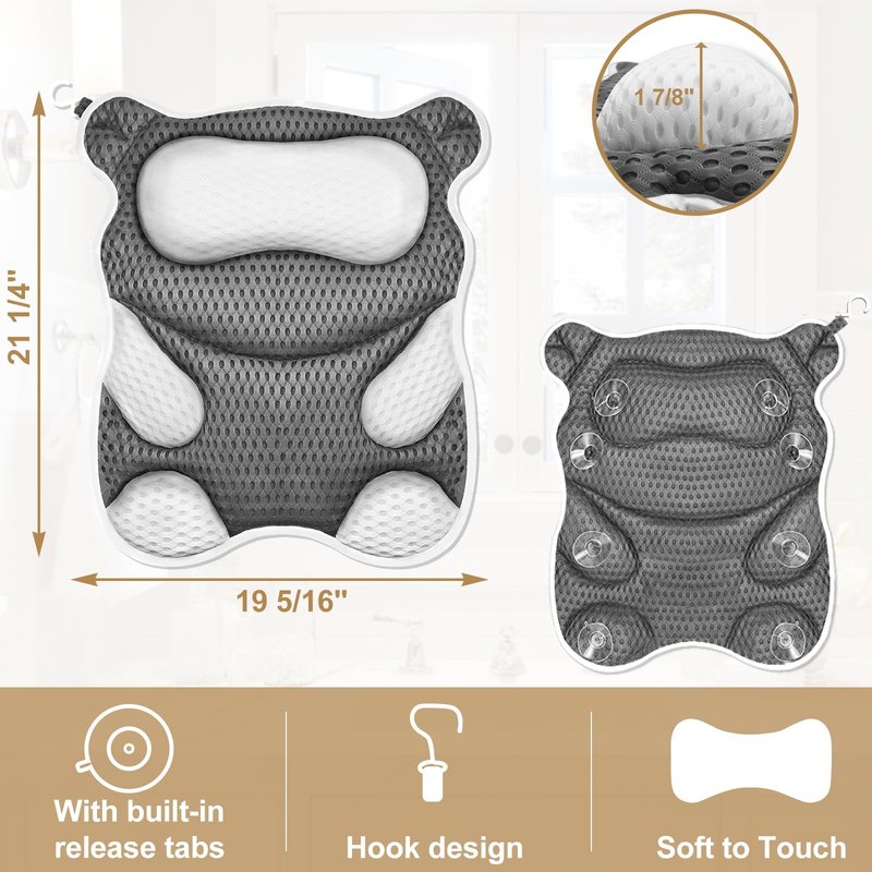 ZYIDBNG Bath Pillow for Tub Ergonomic Bear Shape Design Bath Pillow for Head and Neck Support SPA Gift Bathtub Pillow 4D Air-Mesh with 8 Suction Cups Washable Gray