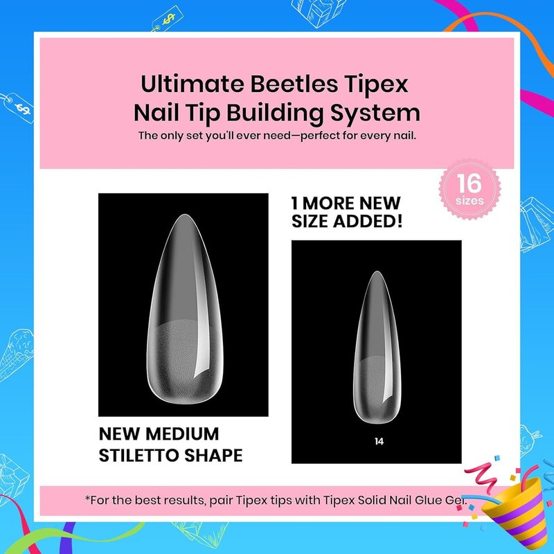 Beetles Tipex Instant Apex Nail Tips Kit - Medium Stiletto | 224 Pcs, 16 Sizes, Pre-Built & Pre-Etched with Glue & Mini Lamp