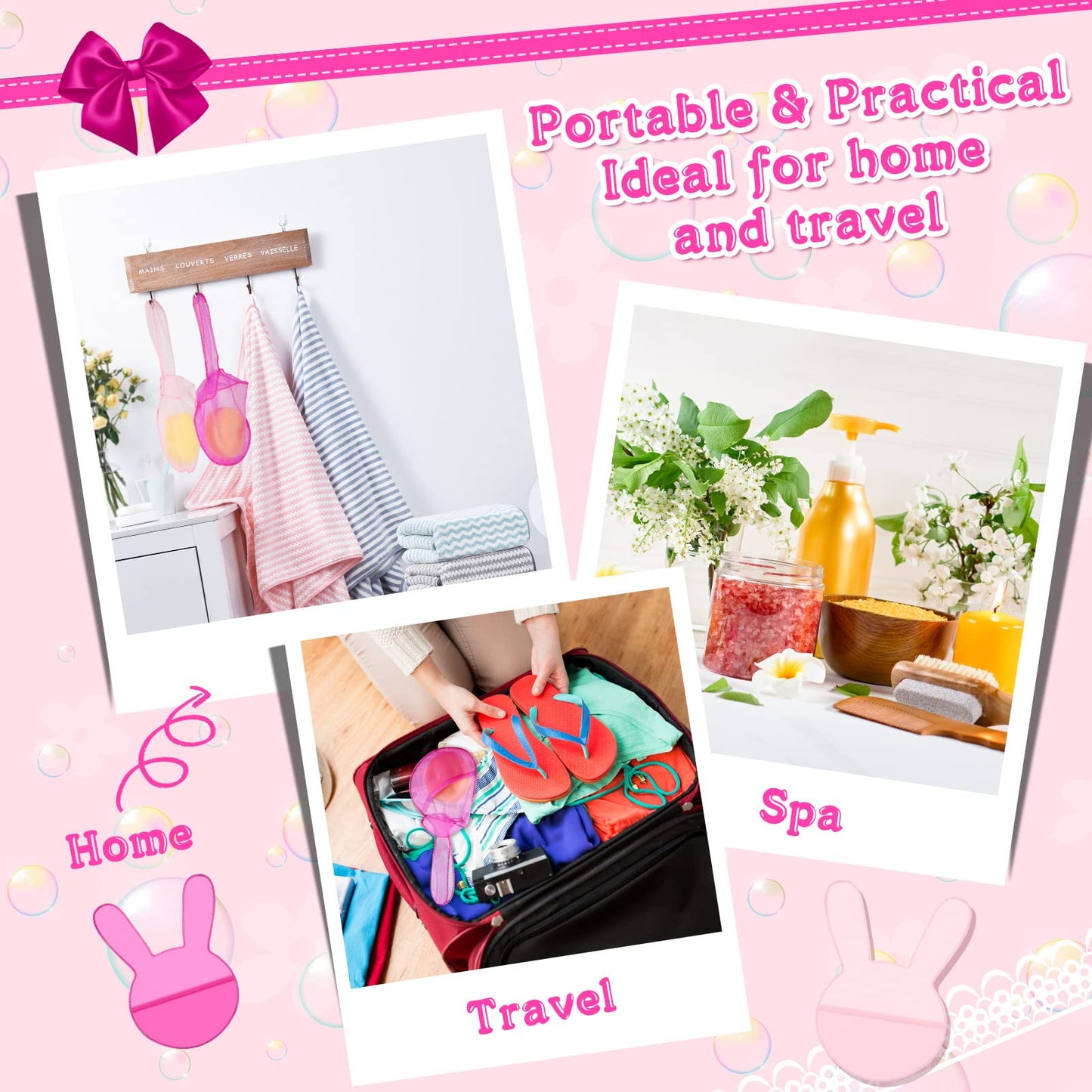 Nuanchu 2 Pcs Shampoo Bar Holder Bag Soap Saver Bag Beauty Shampoo Conditioner Bar Pouch Rabbit Shape Travel Soap Holder Loofah Bubble Foam Net Savers (Light Pink, Rose Pink,L)