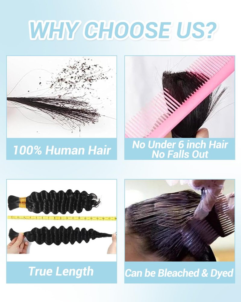 Flagship Human Braiding Hair for Boho Braids,Human Braiding Hair 16inch 100g Deep Wave Human Hair 2 Bundles