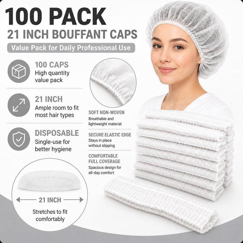 Disposable Bouffant Caps, 21inches Hair Net, Elastic Dust Cap for Food Service, Cooking, Salon,Spa,Spray tans, Restaurant,Industry,Garden,Kitchen Head Cover (White)