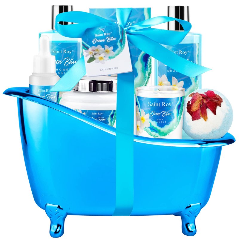 Father's Day Gifts for Women & Men Bath & Body Gift Set, Bath Basket Spa kit Gifts for Her Him Birthday Gift, Self-care Home Spa Kit, 8pcs Christmas Gift for Women Ocean Vanilla, Spa Gift Baskets