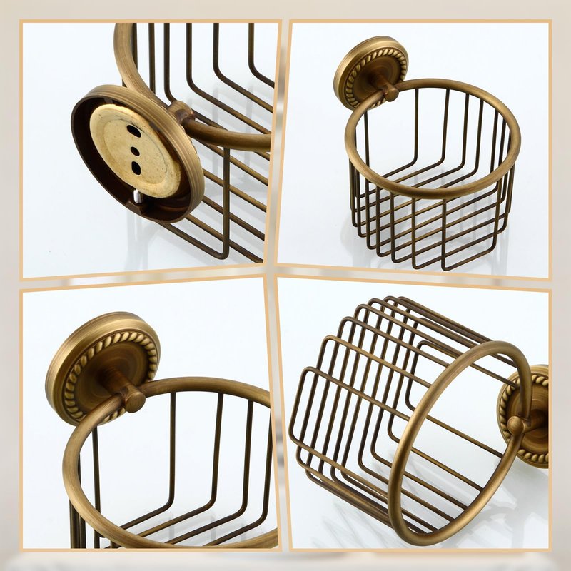 Vintage Toilet Paper Holder Wall Mounted Bathroom Roll Tissue Wire Basket, Antique Brass