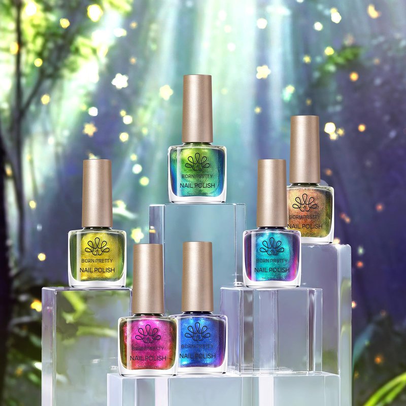 Born Pretty Chameleon Nail Polish Set, 6 Colors Chrome Holographic Metallic Glitter Quick Dry Nail Lacquer Kit Long Lasting DIY Fingernail Art Home Salon Valentines Gifts for Women Girls