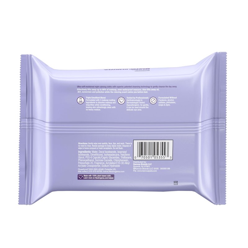 Neutrogena Makeup Remover Night Calming Cleansing Towelettes, Disposable Nighttime Face Wipes to Remove Dirt, Oil & Makeup, 25 ct