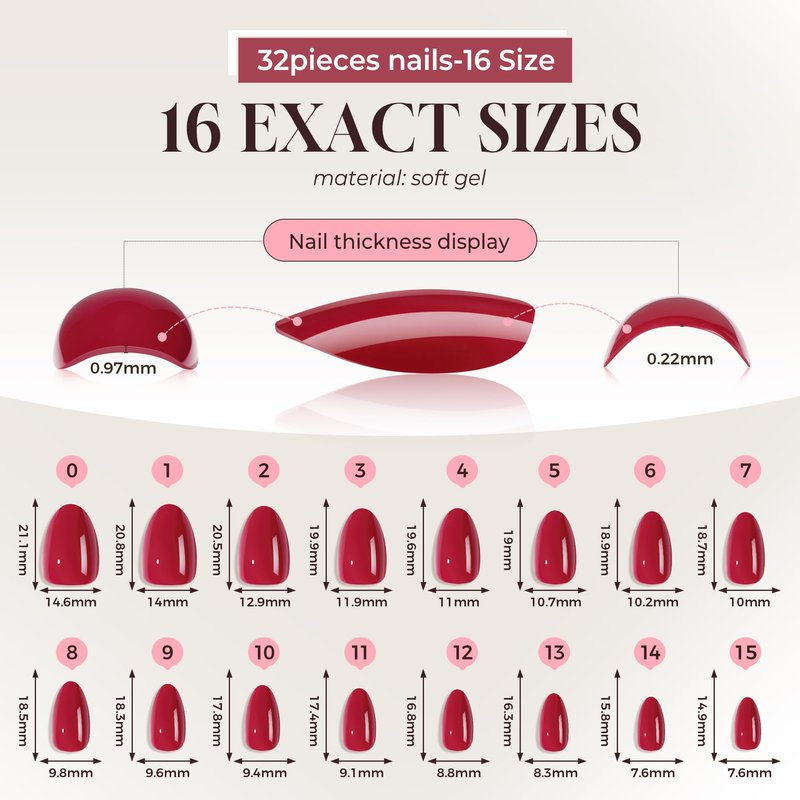 UNA GELLA Red Press On Nails Almond: Valentine's Day Soft Gel Press Ons with Nail Glue, 16 Sizes - 32 Reusable Short Fake Nails Kit, Mani Gift