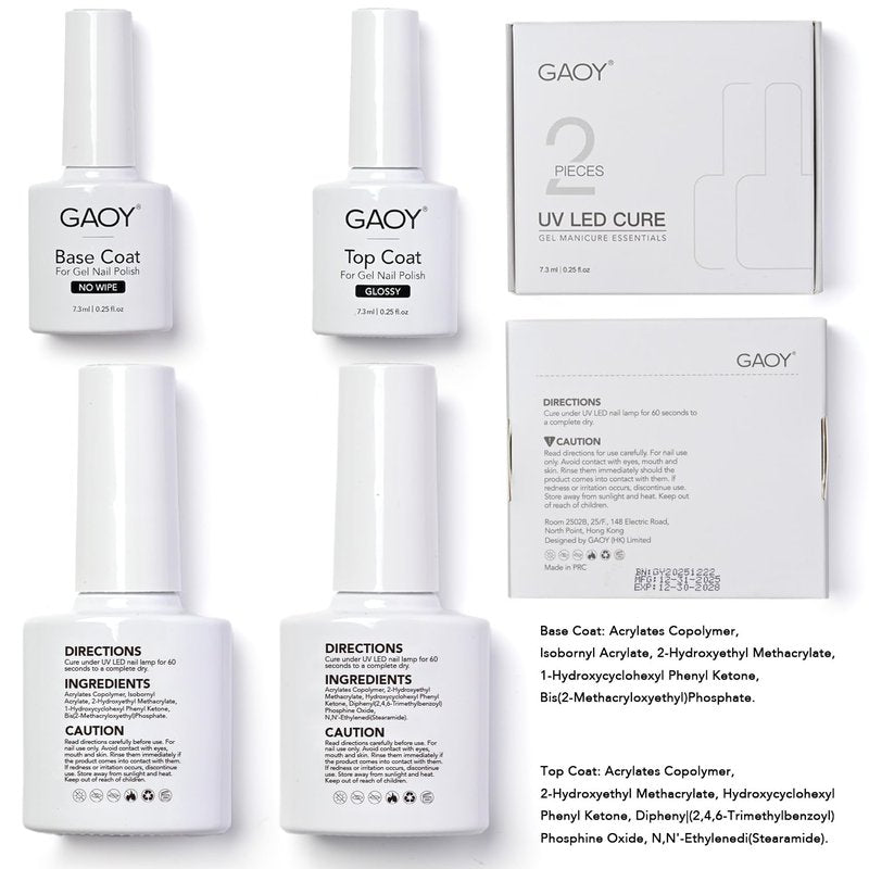 GAOY Gel Top Coat and Base Coat Set, 2 Pcs 7.3ml Glassy Top Coat and No Wipe Foundation Combination for UV Light Cure Gel Nail Polish