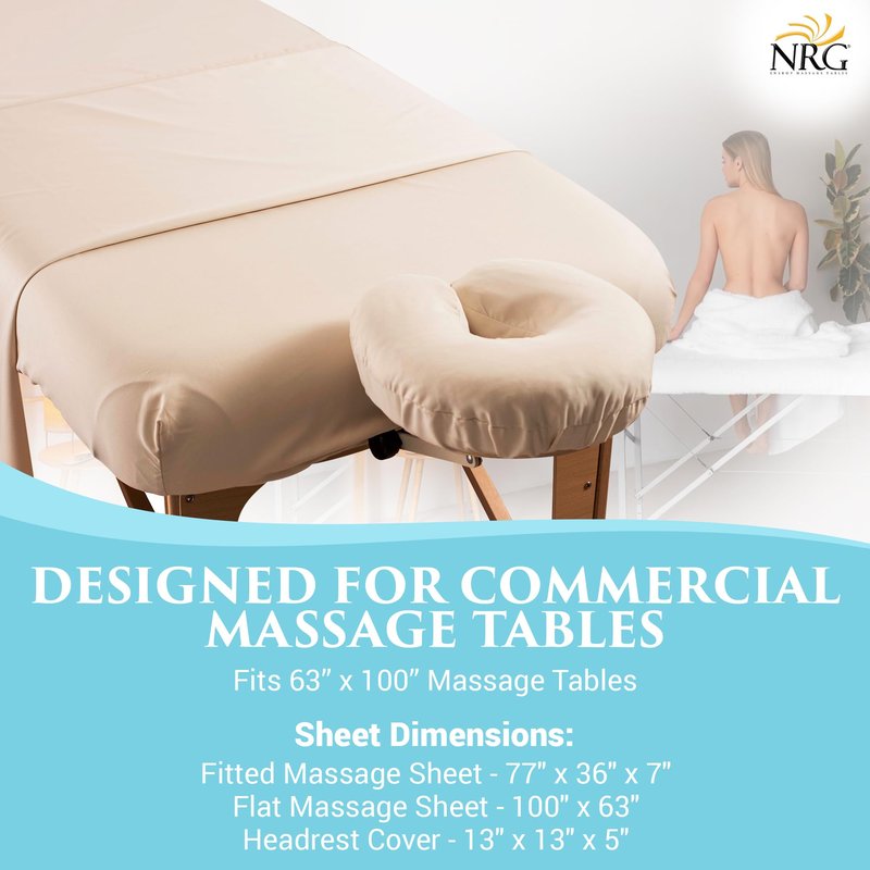 Premium Microfiber 3 Piece Massage Sheet Set by NRG - Includes Massage Table Flat Sheet, Fitted Sheet and Face Rest Cover - 100% Double Brushed Polyester, Soft as Silk - 120 GSM - Color: Natural