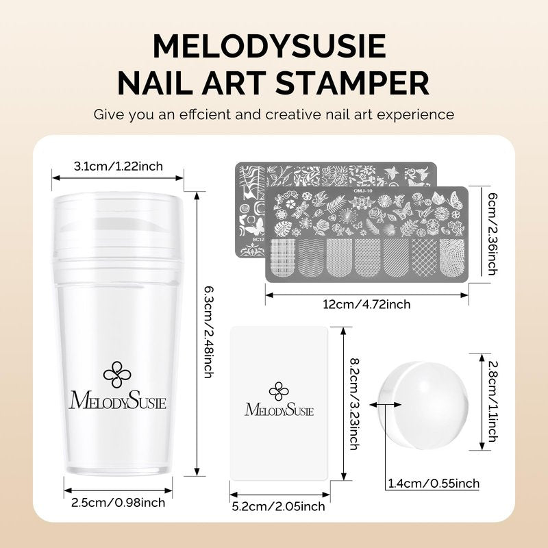 MelodySusie Nail Stamper Kit, Silicone French Tip Stamp Tool, 1PC Stamper, 1PC Scraper, 2PCS Stamping Plates, 2PCS Silicone Replaceable Heads for DIY Home French Manicure & Salon Art, Transparent
