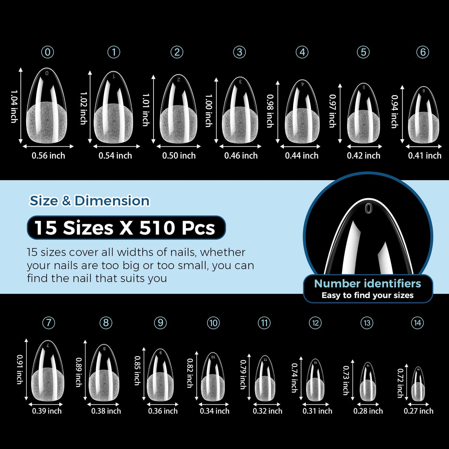 TOMICCA Medium Almond Nail Tips, 510Pcs 15 Sizes Pre Shaped Half Matte Soft Acrylic Gel Nail Tips Almond Shape Clear Press on Nails Extensions Full Cover False Tips for Manicure Salon DIY at Home