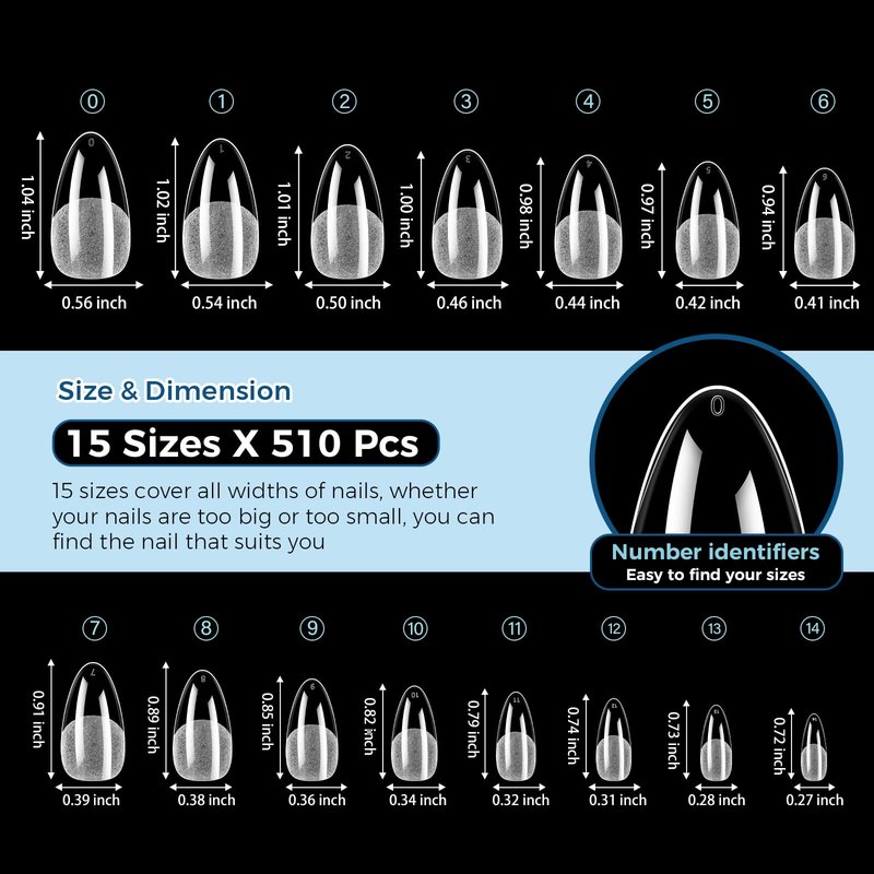 TOMICCA Medium Almond Nail Tips, 510Pcs 15 Sizes Pre Shaped Half Matte Soft Acrylic Gel Nail Tips Almond Shape Clear Press on Nails Extensions Full Cover False Tips for Manicure Salon DIY at Home