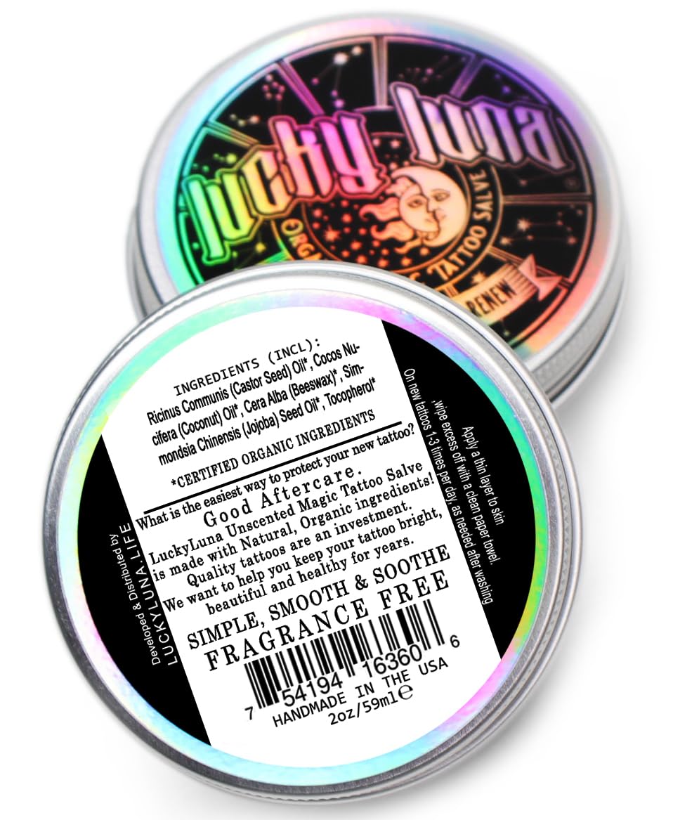 LuckyLuna Organic Tattoo Aftercare, Tattoo Moisturizer for Color Longevity, All-Natural Organic, No-Petroleum Tattoo Lotion, Fragrance-Free After Care, Tattoo Brightener