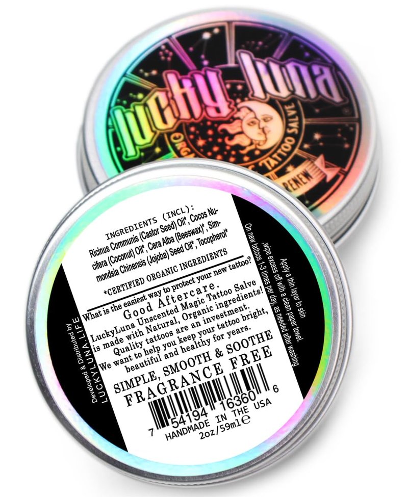 LuckyLuna Organic Tattoo Aftercare, Tattoo Moisturizer for Color Longevity, All-Natural Organic, No-Petroleum Tattoo Lotion, Fragrance-Free After Care, Tattoo Brightener