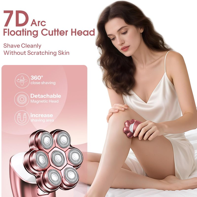 Electric Razors for Women Legs: 5-in-1 Rechargeable Body Shaver, 7D Wet & Dry Body Trimmer, IPX7 Waterproof Lady Hair Remover for Face Underarms Pubic, Light Pink
