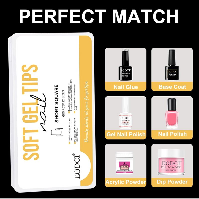 EODCI Gel Nail Tips - Short Square 600Pcs Soft Clear Full Cover False Nails for Easy Extensions