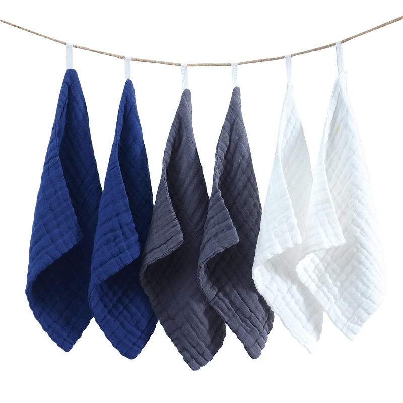 MUKIN Small Baby Washcloths, Soft Face Cloths, Newborn Absorbent Bath Wipes, Burp Cloths or Muslin Cotton Towels, Pack of 6, 12x12 inches (White,Dark Gray,Royal Blue)