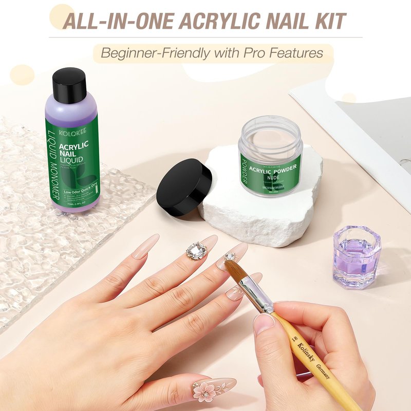 Acrylic Nail Kit - Nude Acrylic Powder, Long-Lasting Monomer Liquid & Kolinsky Brush, Beginner-Friendly DIY Manicure Set for Home Salon