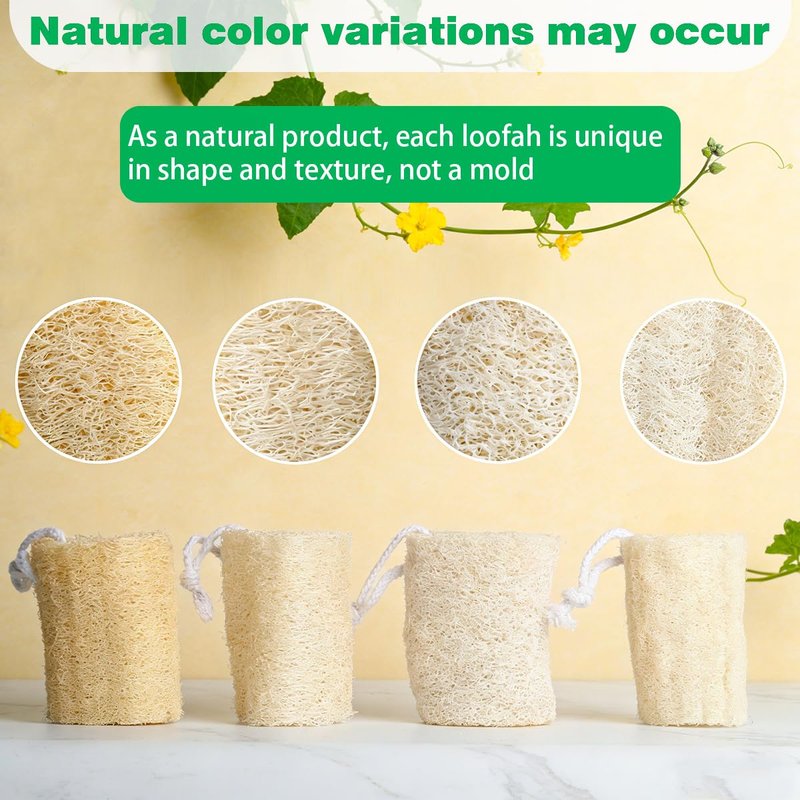 pisdoplop Natural Loofah Exfoliating Body Sponge Scrubber, Plant-Based Organic Loofa Luffa for Men & Women Skin Care Bath Shower Cleaning Back & Face, Natural Sponges for Dishes, Pack of 4