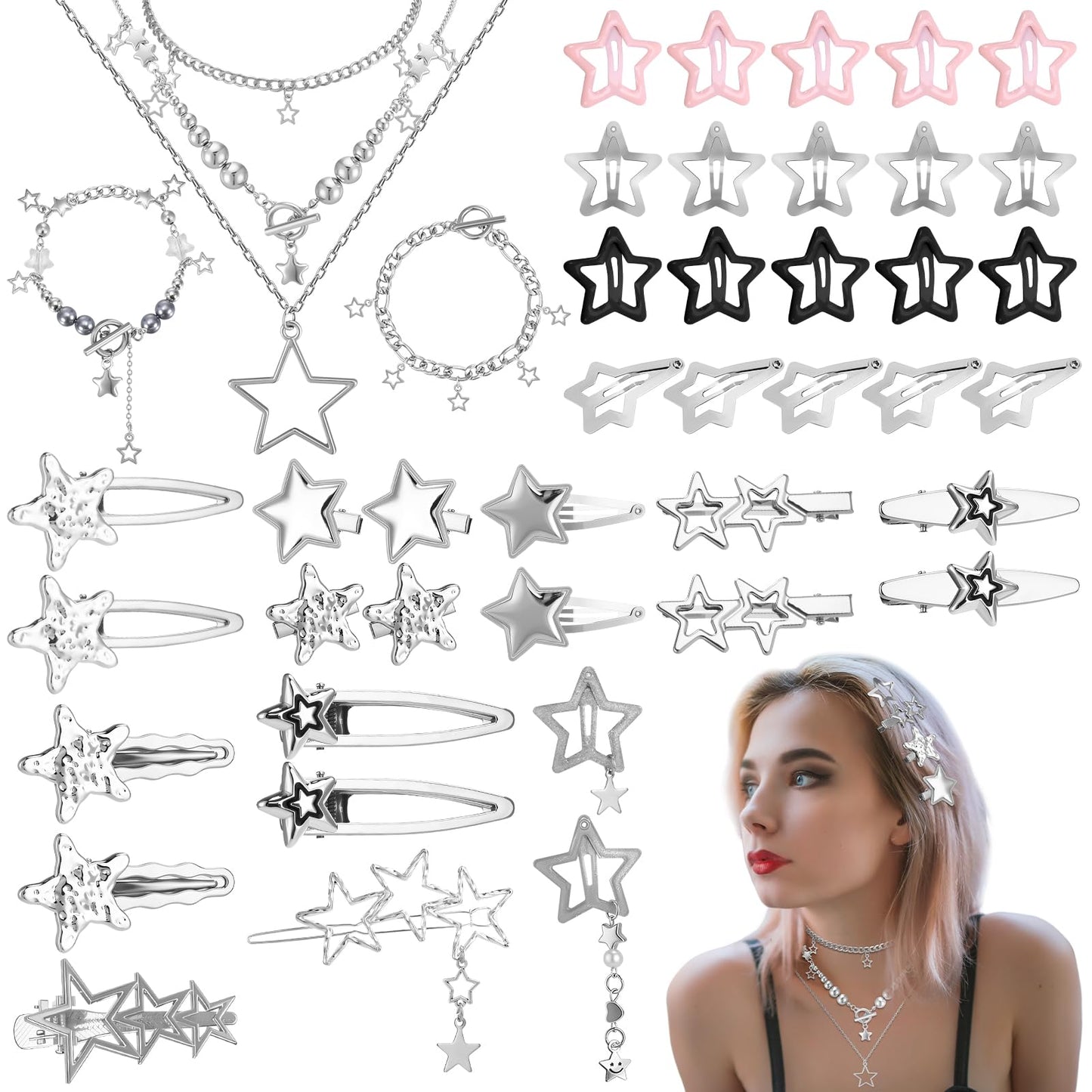 ZhouBoat 45PCS Y2K Hair Clips for Women Girls Star Barrettes Necklace Bracelets Set Kawaii Retro 2000s Hair Accessories Festival Rave Grunge Aesthetic