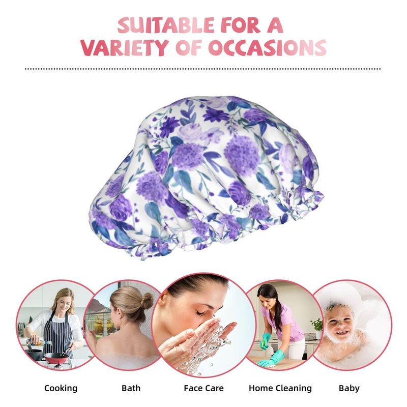 Violet Purple Rose Shower Cap For Women Adjustable Double Waterproof Layers Bathing Shower Hat Hair Protection Reusable Ladies Spa Salon Shower Hat
