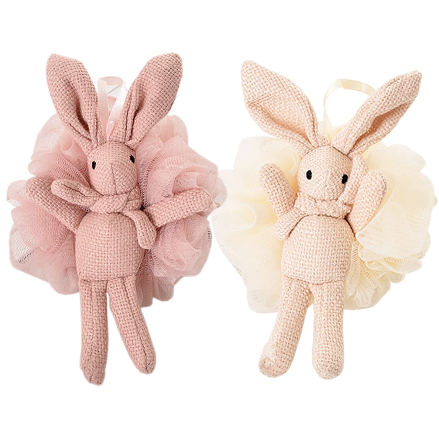 Kids Bath Loofah for Girls and Women,Soft Mesh Luffa with Cute Bunny Animal Character Exfoliating Body Scrubber Bath Sponge for Shower (2 Piece) - Pink & White