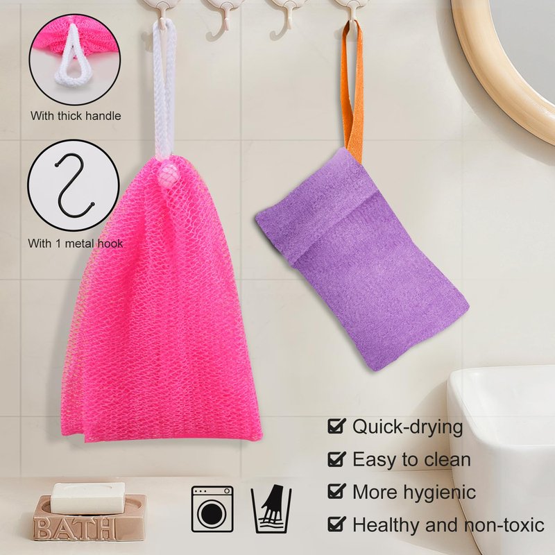 THURLADY 1 African Exfoliating Net Sponge & 1 Soap Saver Bag, Pink