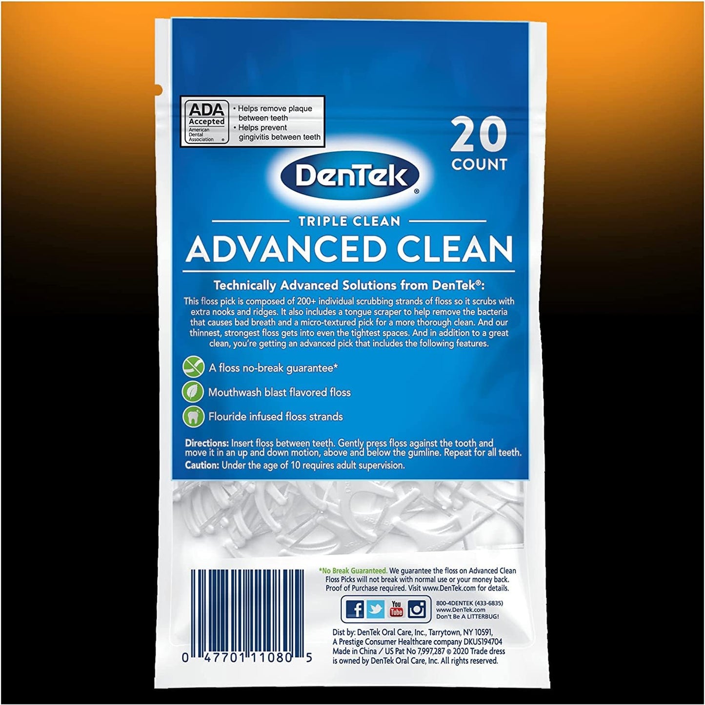 DenTek Triple Clean Advanced Clean Floss Picks, No Break No Shred Floss, Dental Flossers for Plaque Removal, Mouthwash Blast, Oral Care, 20 Count (Pack of 4)