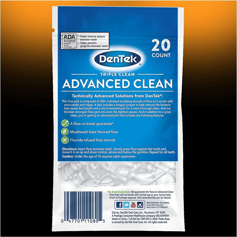 DenTek Triple Clean Advanced Clean Floss Picks, No Break No Shred Floss, Dental Flossers for Plaque Removal, Mouthwash Blast, Oral Care, 20 Count (Pack of 4)