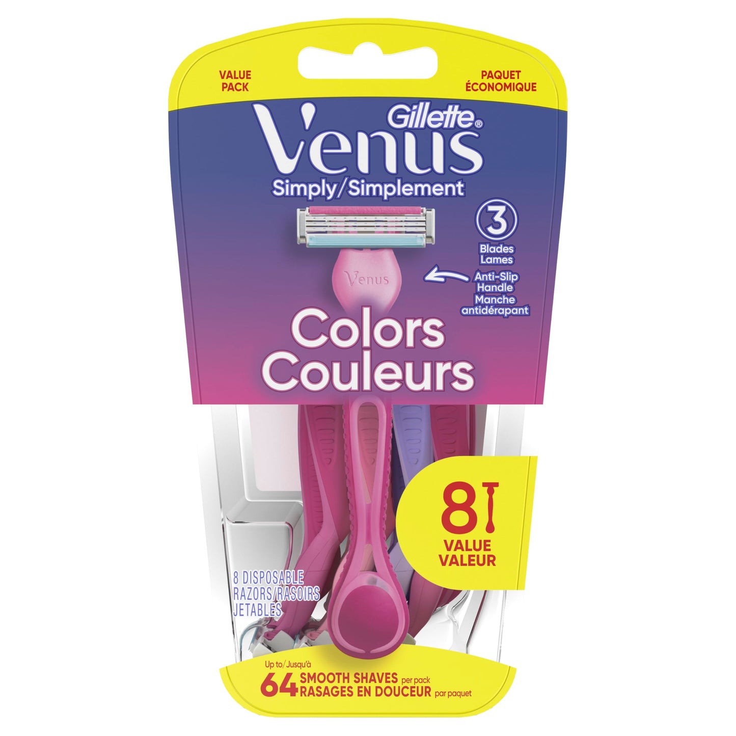 Gillette Venus Simply3 Disposable Razors for Women, 8 Count, Designed for a Close and Comfortable Shave