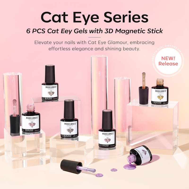 Cat Eye Gel Nail Polish - 6 Colors Including Nude, Pink & Brown | Holographic 9D Glitter Soak Off for DIY Nail Art