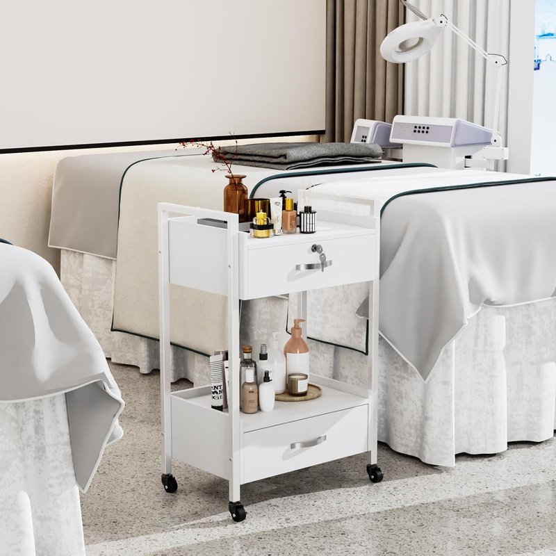 Salon Trolley Cart with Wheels - Mobile Esthetician Storage Organizer with 2 Drawers & 2 Trays | White