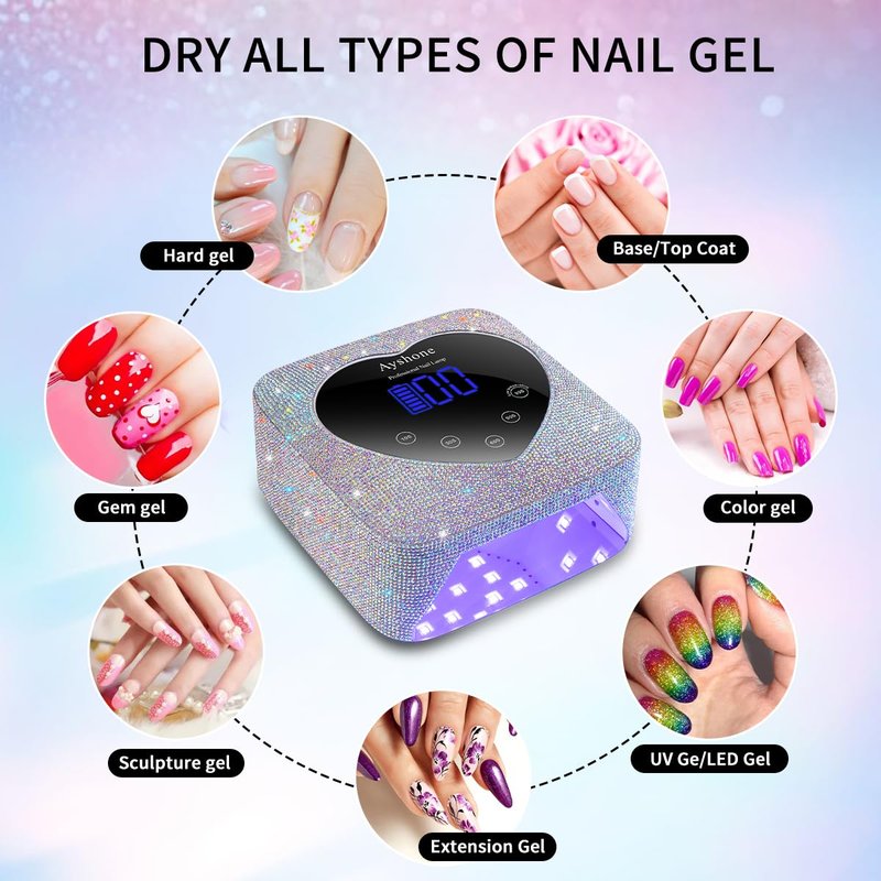 Ayshone Cordless UV LED Nail Lamp,72W Rechargeable Nail Dryer Gel Polish Light with Large LCD Display,Rechargeable Nail Curing Lamp for Salon & Home (AB Diamond)