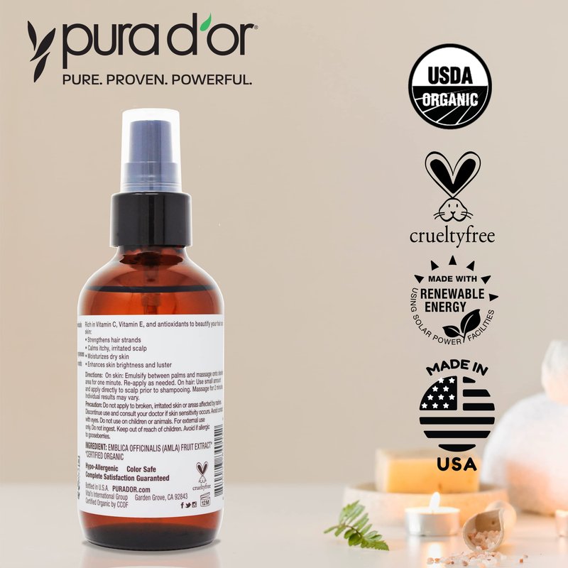 PURA D'OR 4 Oz ORGANIC Amla Oil, 100% Pure USDA Certified Premium Grade, Cold Pressed, Unrefined, Extra Virgin, Hair Serum & Thickening Hair Product w/Pump for Women & Men, Ayurvedic Skin Care