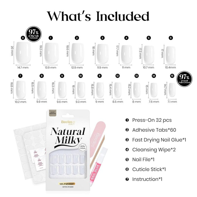Beetles Milky White Press On Nails - Short Squoval Natural Gel Nails with Glue | 32 Nails Kit in 16 Sizes