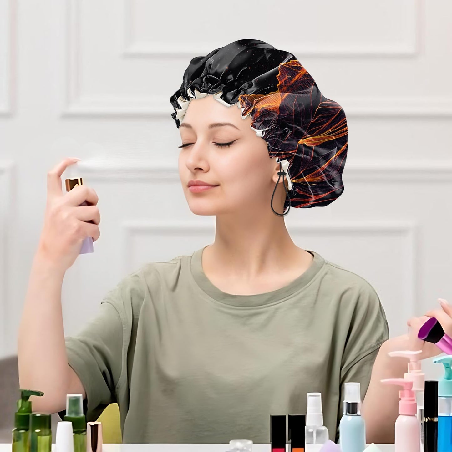 Cabreche Luxury Shower Cap Satin Silk Lined Adjustable Elastic Reusable Waterproof Shower Bath Cap Cute for Women Girls-Sunset