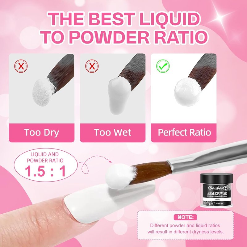 Skiennix Acrylic Nail Kit - Clear White & Pink Powder with Files, Brushes, Tips | Starter Set for Home & Salon