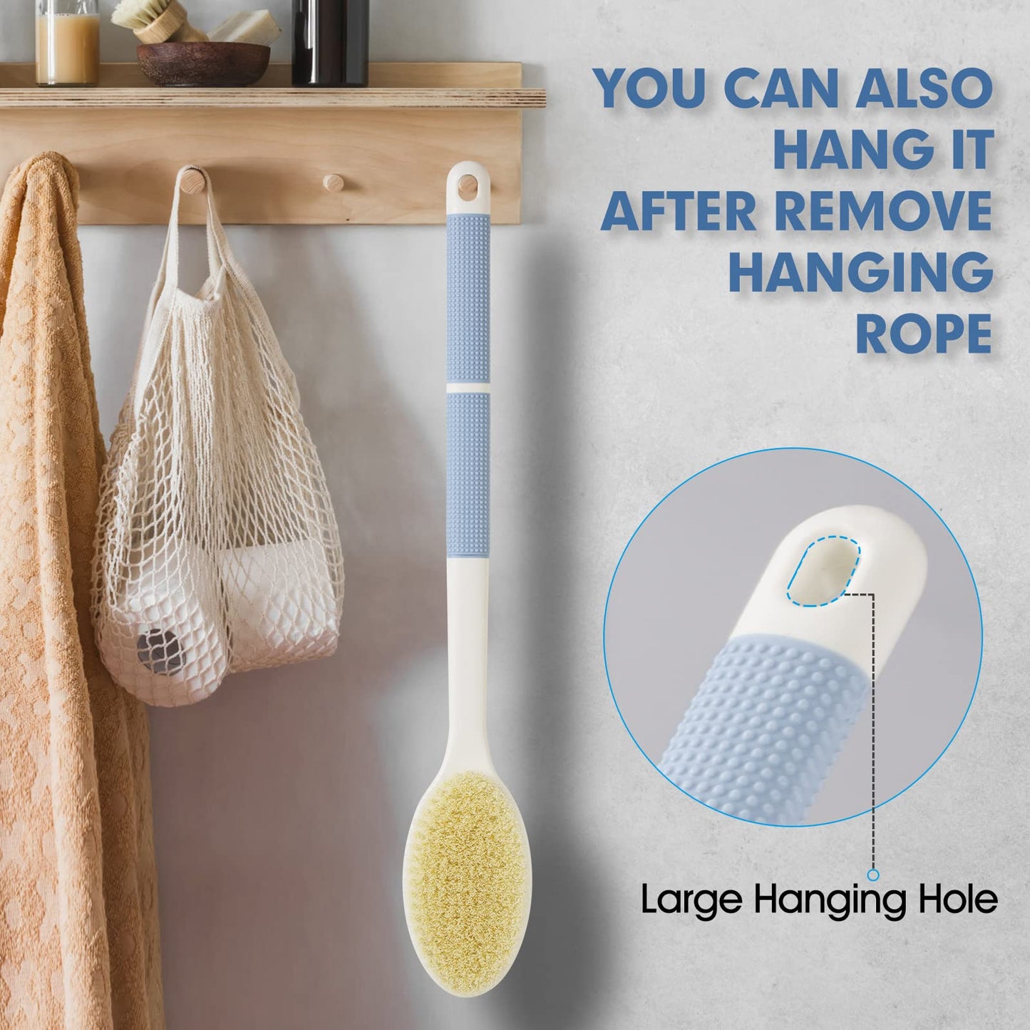 Backski Back Scrubber Anti Slip for Shower, Shower Brush Long Handle with Stiff and Soft Bristles, Body Exfoliator for Bath or Dry Brush(Blue)