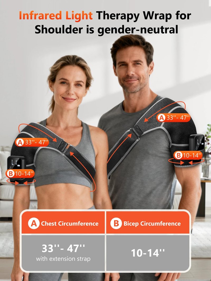 Red Light Therapy for Shoulder with Heat & Massage 5000mAh Cordless Near-Infrared Light Therapy Wrap, 216 Beads 660nm & 850nm Shoulder Brace for Men Women Portable Pad Last 90-380mins