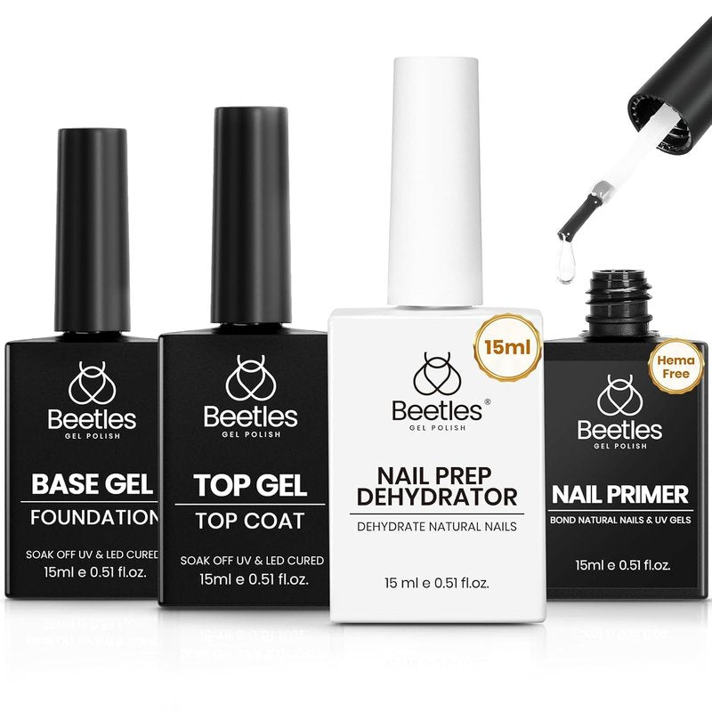 Beetles 4Pcs Top Coat and Base Coat Gel with Nail Dehydrator and Primer Set Acid-Free Hema-Free Nail Bond for Gel Polish Acrylic Nails, Long-Lasting for Professional Manicure Prep Kit