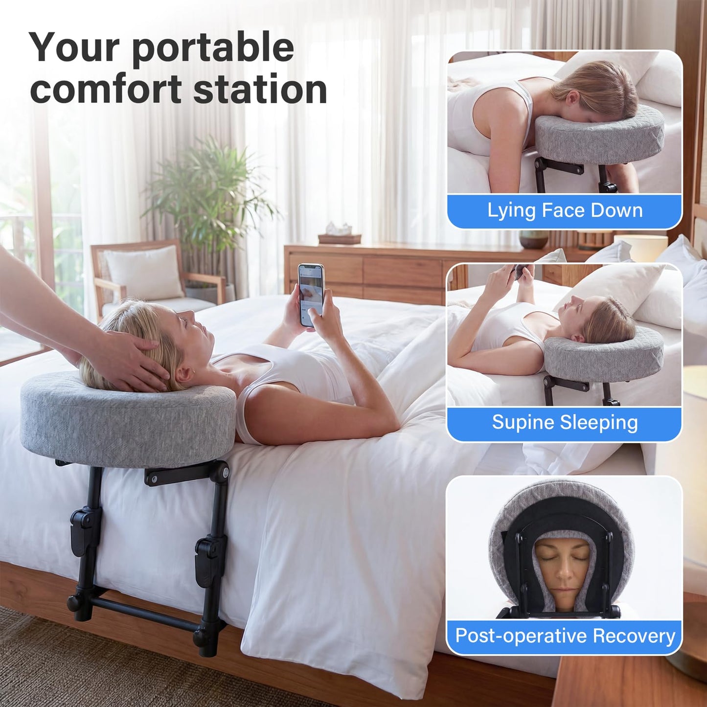 TIMBERHIDE Portable Massage Headrest for Bed, Easy-Install Adjustable Face Cradle with Memory Foam for Couples, Home Spa & Recovery, Fits 6-17” Mattress, Grey