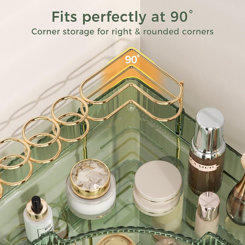 BEFSOP Corner Bathroom Counter Organizer, Upgraded 2-Tier Makeup Organizer Countertop with Makeup Brush Holder, Skincare Exquisite Vanity Organizers Countertop Bathroom Storage Dresser(Green)