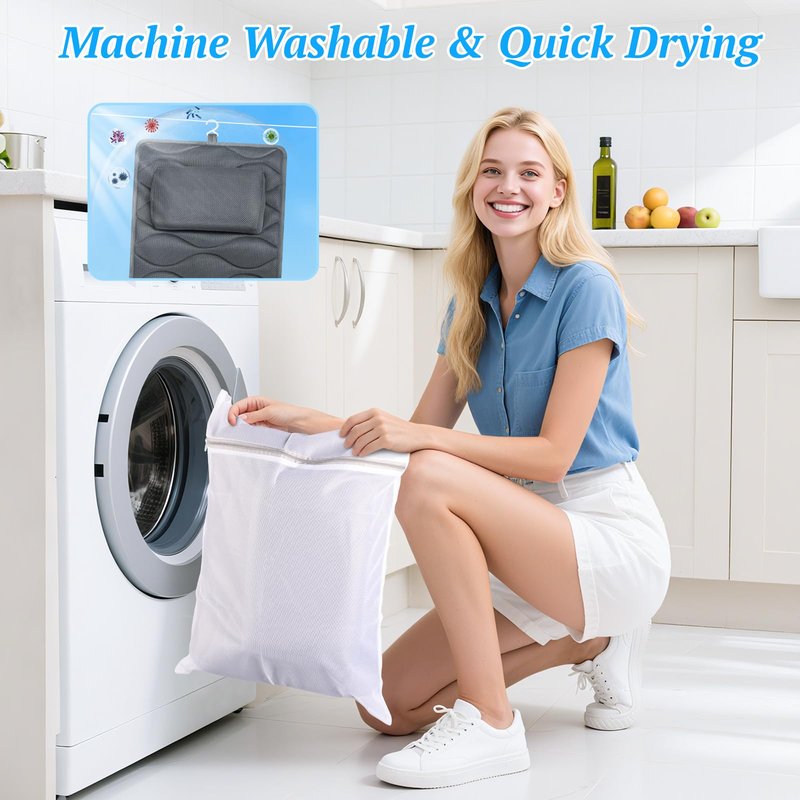 TranquilRelax Bath Pillow for Tub with Laundry Bag & 17 Non-Slip Suction Cups, Extra Thick and Soft Bathtub Pillow for Head, Neck & Shoulder Support, 51" x 16" Grey