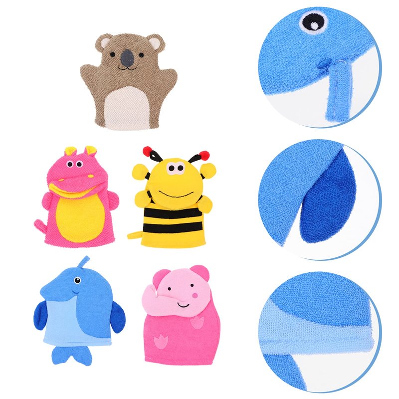 TOVINANNA Kids Bath Mitts, 5 Pcs Cute Animal Washcloths Gloves, Bath Sponge Body Washcloth Mitt for Boys Girls Children Hand Bathing Shower