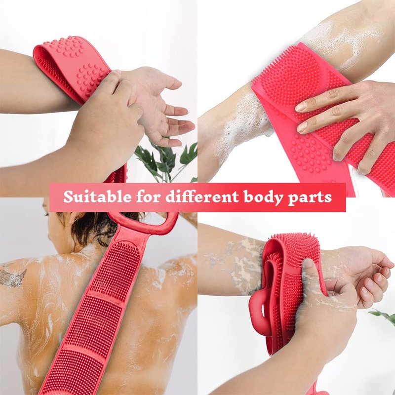Silicone Back Scrubber Belt (28 inch) Pink – Extra Long-Double-Sided Bath Scrub Strap Gently Massages and Exfoliates Skin - Shower Back Scrubber - Back Washer for Shower Men & Women - Back Exfoliator